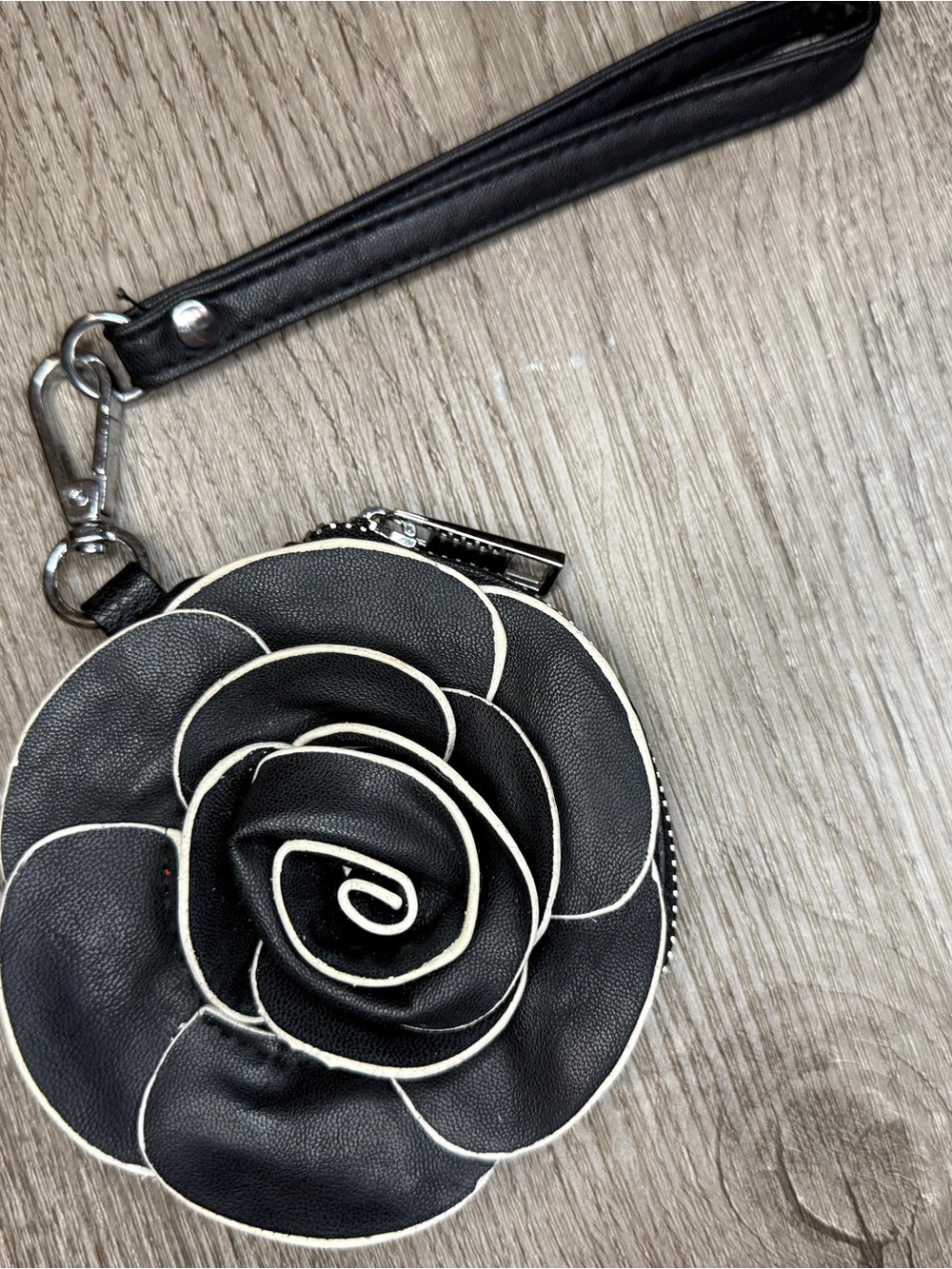 Black Floral Wristlet Clutch with Contrast Trim